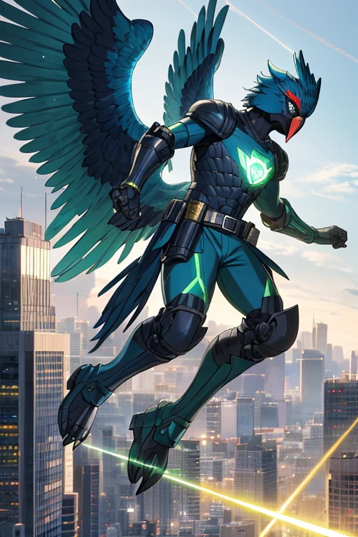 ((best quality)), ((masterpiece)), (detailed), 1 man, full body, 25 years old, masked, blue mask, blue head, uncovered mouth, biker helmet, blue helmet, parrot helmet, black neck, tall, thin, black beak, black details, a green parrot with a blue head on his side, metallic wings, wings on his arms, blue fingerless gloves, blue wristbands, luminous blue wings shooting lasers, blue suit resembling light armor, blue suit with an emblem, entirely green chest, emblem on his chest, green pants, deployable bird tail, metallic feathers, gray knee pads, metallic gray boots, metallic bird claws, black superhero belt, flying through the city, midday city background, anime