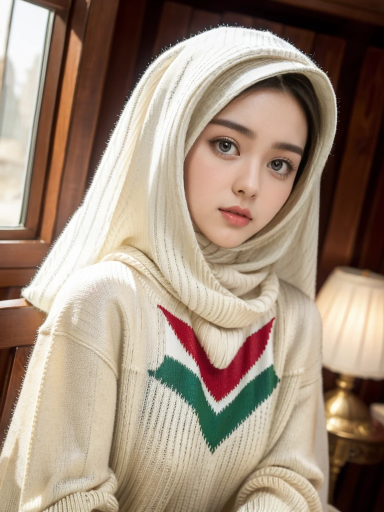 (RAW photo, best quality), POV, (realistic, photo-realistic:1.3), ((palestine flag patterns Sweaters Outfits)), HIJAB OUTFITS DRESS, best quality of Hijab Girl, Full Hijab Dress, highly detailed, masterpiece, ultra-detailed, illustration, 1girl, upper_body, dynamic angle, world masterpiece hijabi, extremely detailed CG unity 8k wallpaper, ink, Amazing, cinematic lighting,