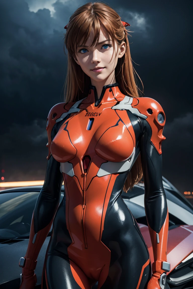Evangelion,Asuka Langley,blue eyes,Plug Suit,Bodysuits,Interface Headset,赤いBodysuits,Ultra HD,super high quality,masterpiece,Digital SLR,Photorealistic,Detailed details,Vivid details,Depicted in detail,A detailed face,Detailed details,Super Detail,Realistic skin texture,Anatomical basis,Perfect Anatomy,Anatomically correct hand,Anatomically correct fingers,Complex 3D rendering,Sexy pose,Rainy Sky,Beautiful scenery,Fantastic rainy sky,Picturesque,Pink Lips,smile,