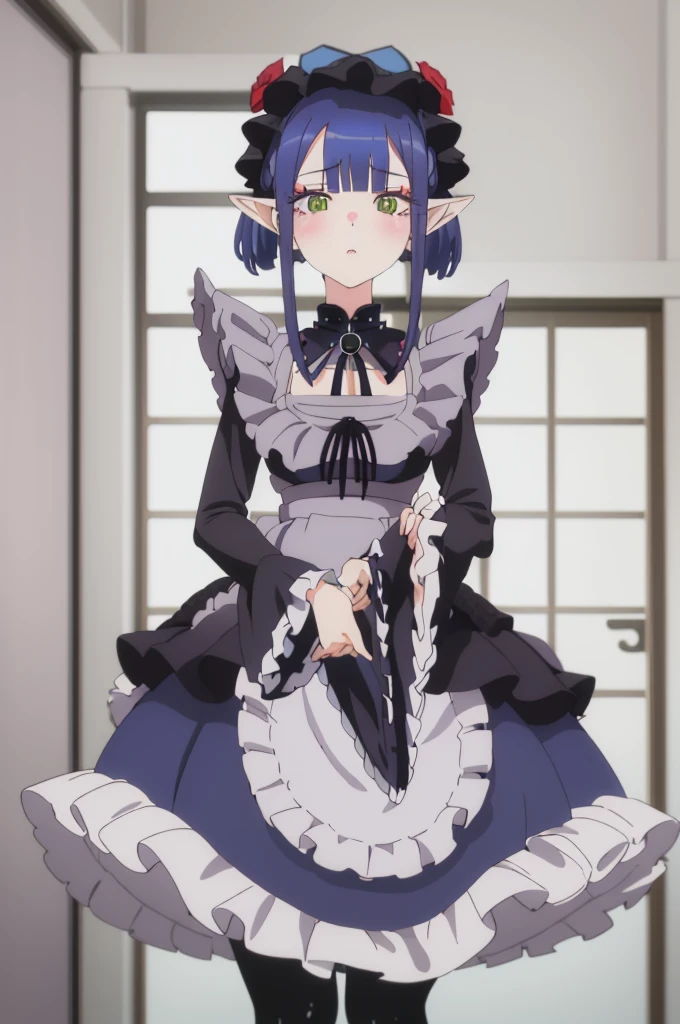 1girl, cowboy shot,
rizu-kyun, maid, bonnet, thighhighs,, masterpiece, best quality, highly detailed,((blue hair)),