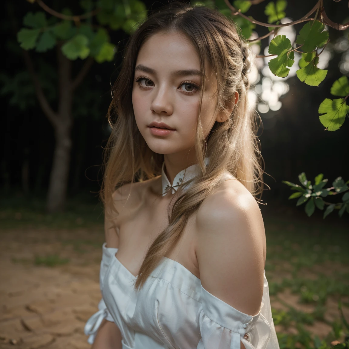 best quality,masterpiece,ultra high resolution,(realism:1.4),original photo,1 girl,take off shoulders,in the dark night,deep shadow,low pitch,cold light,long white hair,face highlight,pure,Full of girly feeling,18 years old,cheongsam,ginkgo
