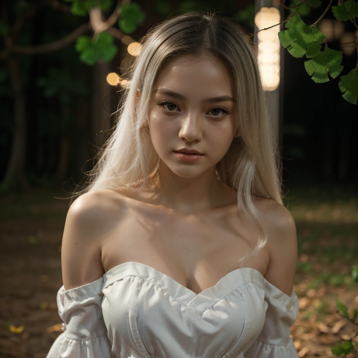 best quality,masterpiece,ultra high resolution,(realism:1.4),original photo,1 girl,take off shoulders,in the dark night,deep shadow,low pitch,cold light,long white hair,face highlight,pure,Full of girly feeling,18 years old,cheongsam,ginkgo