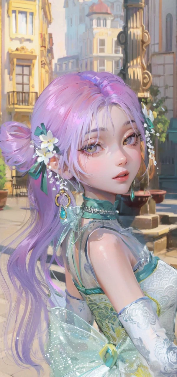 Best quality, masterpiece, purple eyes, high quality hair, purple hair, yellow eyes, high quality eyes