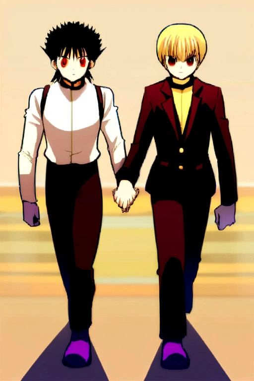 Hunter x hunter, anime hunter x hunter, kurapika and leorio, two man holding hands, boy with red eyes and blonde hair holding hands with Black haired Man, two man holding hands, Hunter x hunter style
