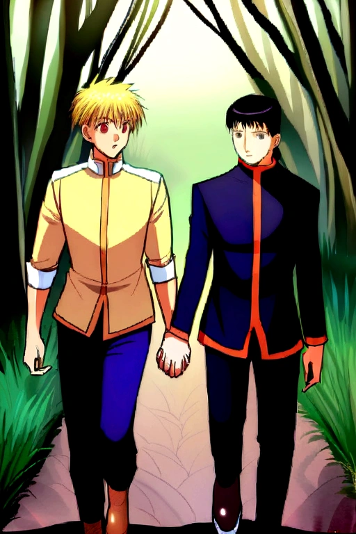 Hunter x hunter, anime hunter x hunter, kurapika and leorio, two man holding hands, boy with red eyes and blonde hair holding hands with Black haired Man, two man holding hands, Hunter x hunter style