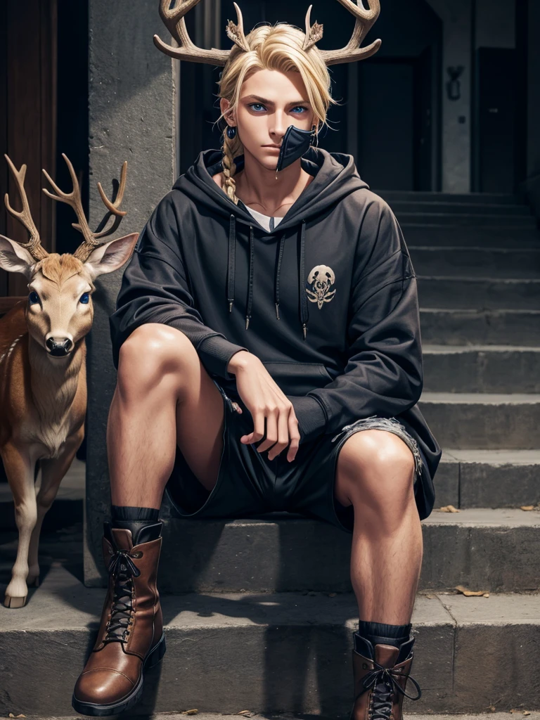 Feminine male with blonde hair in a braid, blue eyes, deer skull mask, black scelras, earrings, blue hoodie and black shorts with brown boots