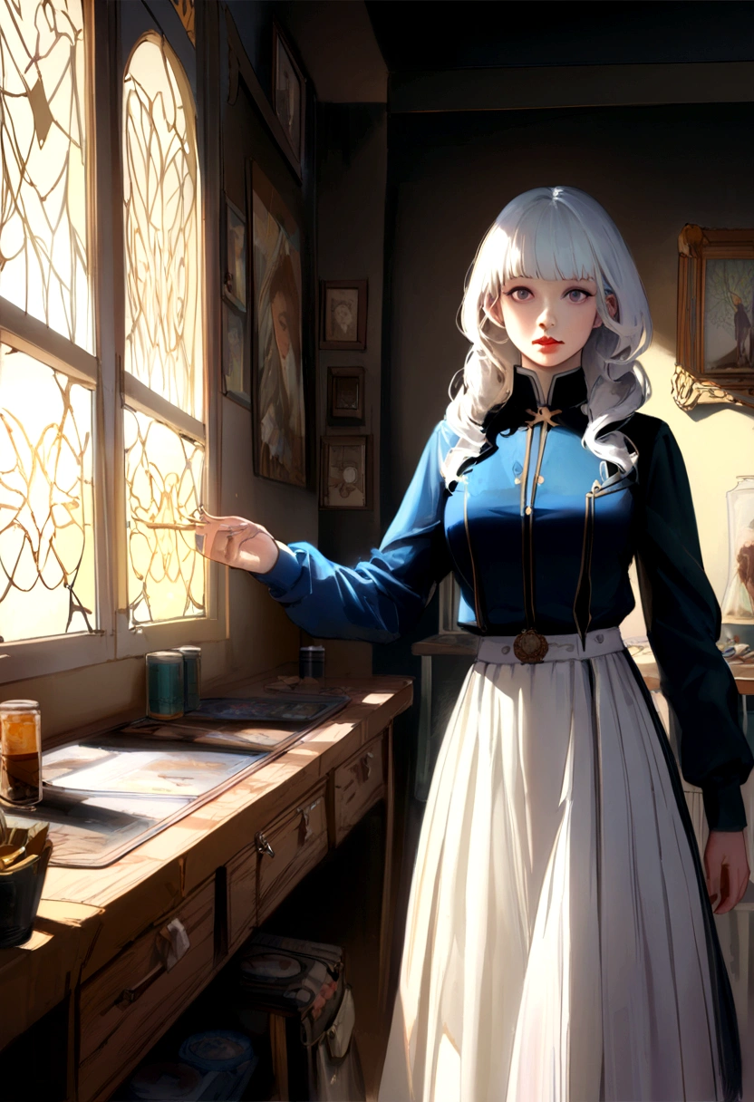 Hyperrealistic female character art by David Hockney and Alphonse Mucha, Fantasyart, realist art, dynamic lighting, art station, volumetric lighting, Very Detailed Faces, 8K,Full HD, awardwinning,, 1 girl, in dark, deep shadow, inconspicuous, cowboy shot, (official clothing: 1.4), long hair, White hair, hair with black highlights