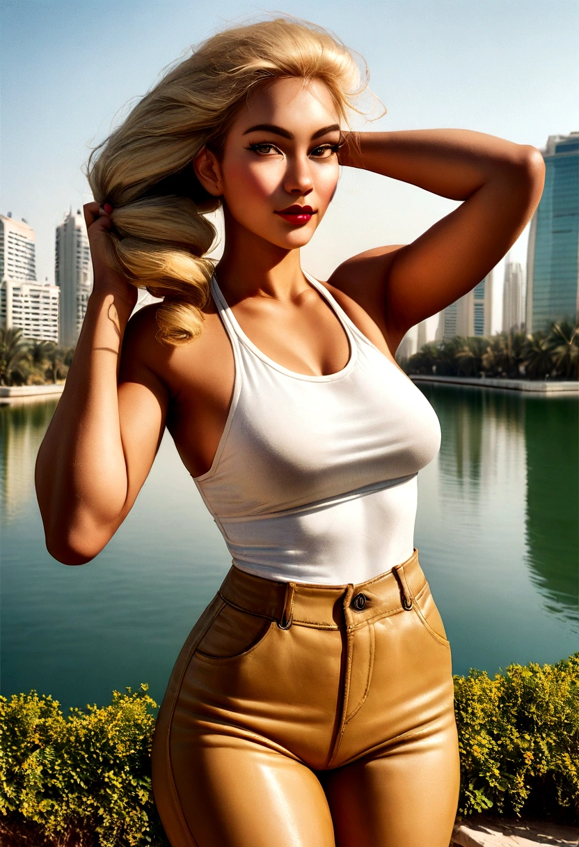Femme sexly, 20 ans, sexly, athletic, tanned skin, tetas grandes, slender waist, Curly blonde hair, Instagram Model, realistic, Photo Instagram, photographie, authentique, naturel. Dubai Landscapes, Tall buildings holding the hair behind the head