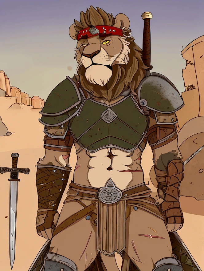 Solo Sexy anthro furry tiger male mercenary medieval solider, slim endomorph muscular handsone model male apperance, headband, sword scars, worn out rusty skimpy armament, low on hips heavy leather belt, old very worn out skimpy dirty linen material jockstrap, old yellow dirty worn out stains on white jockstrap, studded skimpy armlets breastplate armor, skimpy breastplate, leather bondages, fingerless leather gloves, smelly unwashed furr, dirty body look, desert battlefield, standing in sexy fighting position, close view of full character
