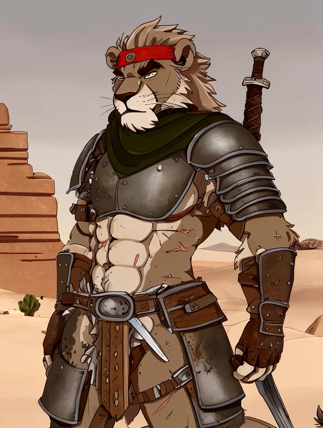 Solo Sexy anthro furry lion male mercenary medieval solider, slim endomorph muscular handsone model male apperance, headband, sword scars, worn out rusty skimpy armament, low on hips heavy leather belt, old very worn out skimpy dirty linen material jockstrap, old yellow dirty worn out stains on white jockstrap, studded skimpy armlets breastplate armor, skimpy breastplate, leather bondages, fingerless leather gloves, smelly unwashed furr, dirty body look, desert battlefield, standing in sexy fighting position, close view of full character