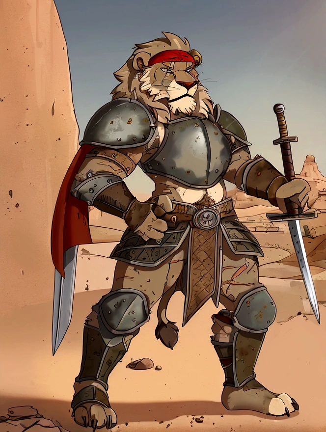 Solo Sexy anthro furry lion male mercenary medieval solider, slim endomorph muscular handsone model male apperance, headband, sword scars, worn out rusty skimpy armament, low on hips heavy leather belt, old very worn out skimpy dirty linen material jockstrap, old yellow dirty worn out stains on white jockstrap, studded skimpy armlets breastplate armor, skimpy breastplate, leather bondages, fingerless leather gloves, smelly unwashed furr, dirty body look, desert battlefield, standing in sexy fighting position, close view of full character