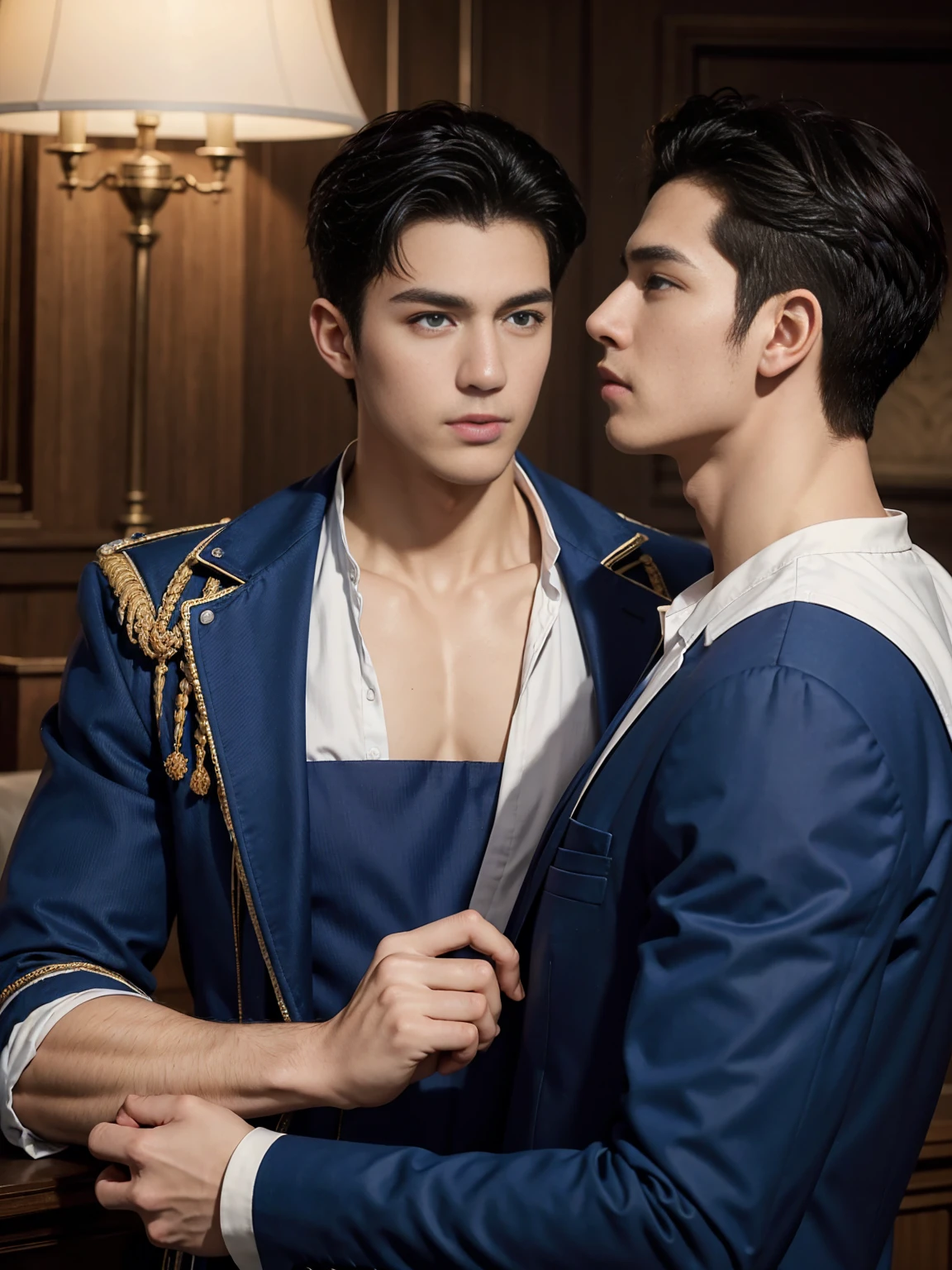 ((masterpiece)),((best quality)),8K,high detail,Very detailed, Very manly,3 men, like,fashion pose, Realistic skin texture, Light,
Royal blue style couple