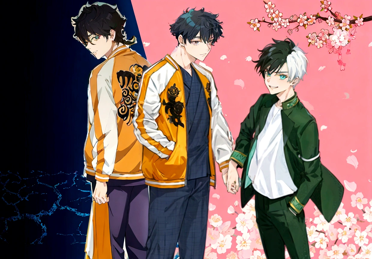 anime characters next to each other in front of a pink background, inspired by Okumura Masanobu, anime cover, bishounen, koyoharu gotouge, anime styling 2022, 2 0 2 2 anime styling, anime styling, anime styling, male anime style, apenas anime styling, two handsome anime men, shonen style