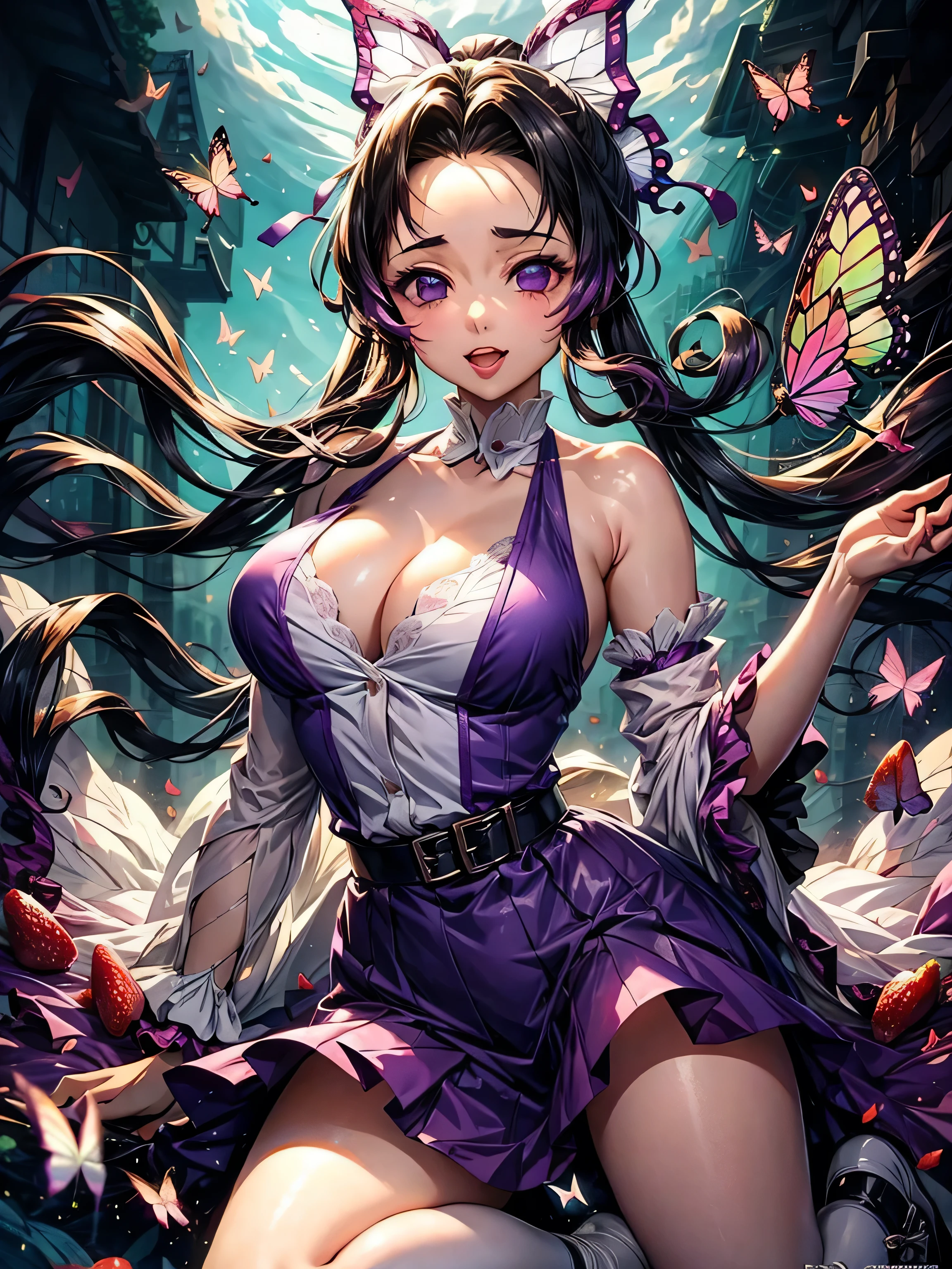 Full body photo shinobu kocho from demon slayer anime, beautiful woman, semi-open strawberry lip, dimples, sedutice expression, sexy butterfly style dress wearing like a queen, purple aura, open breast