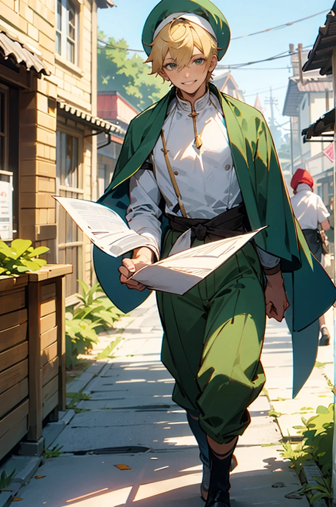 Male, blonde hair, short hair, wearing Bonet, caramel eyes, green clothes, holding papers, smilling, walking through Village