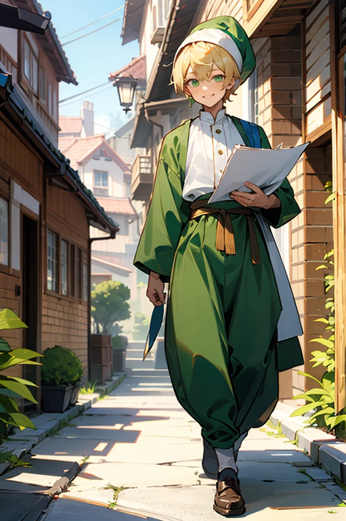 Male, blonde hair, short hair, wearing Bonet, caramel eyes, green clothes, holding papers, smilling, walking through Village