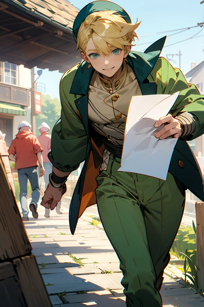 Male, blonde hair, short hair, wearing Bonet, caramel eyes, green clothes, holding papers, smilling, walking through Village