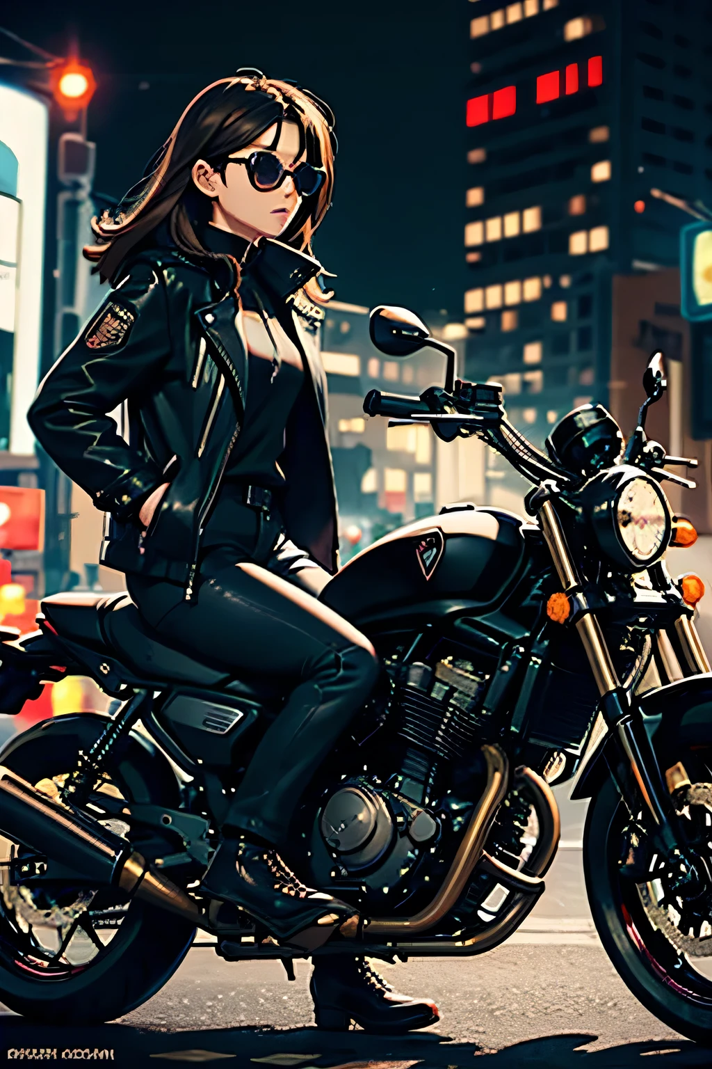 girl on motocycle, black motocycle, girl with brown hair, dark night city
baggy black pants, black jacket, sunglasses
