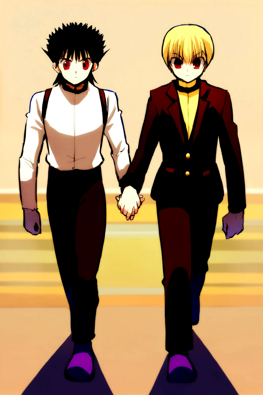 Hunter x hunter, anime hunter x hunter, kurapika and leorio, two man holding hands, boy with red eyes and blonde hair holding hands with Black haired Man, two man holding hands, Hunter x hunter style