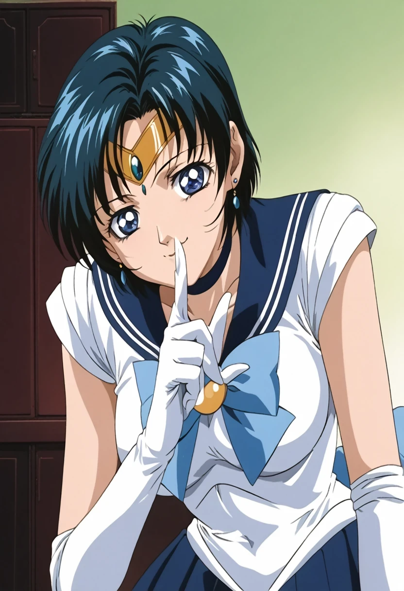 (masterpiece, best quality, very aesthetic, ultra detailed), score_9, score_8_up, source_anime Bibl3, intricate details, 4k, aamercury, short hair, blue hair, tiara, earrings, blue eyes, blue choker, blue sailor collar, blue bowtie, white shirt, elbow gloves, white gloves, pleated skirt, blue skirt, bare legs, smile, shushing, leaning forward, upper body, finger to mouth, indoors,