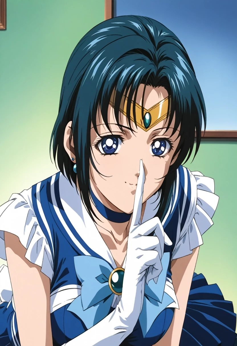 (masterpiece, best quality, very aesthetic, ultra detailed), score_9, score_8_up, source_anime Bibl3, intricate details, 4k, aamercury, short hair, blue hair, tiara, earrings, blue eyes, blue choker, blue sailor collar, blue bowtie, white shirt, elbow gloves, white gloves, pleated skirt, blue skirt, bare legs, smile, shushing, leaning forward, upper body, finger to mouth, indoors,