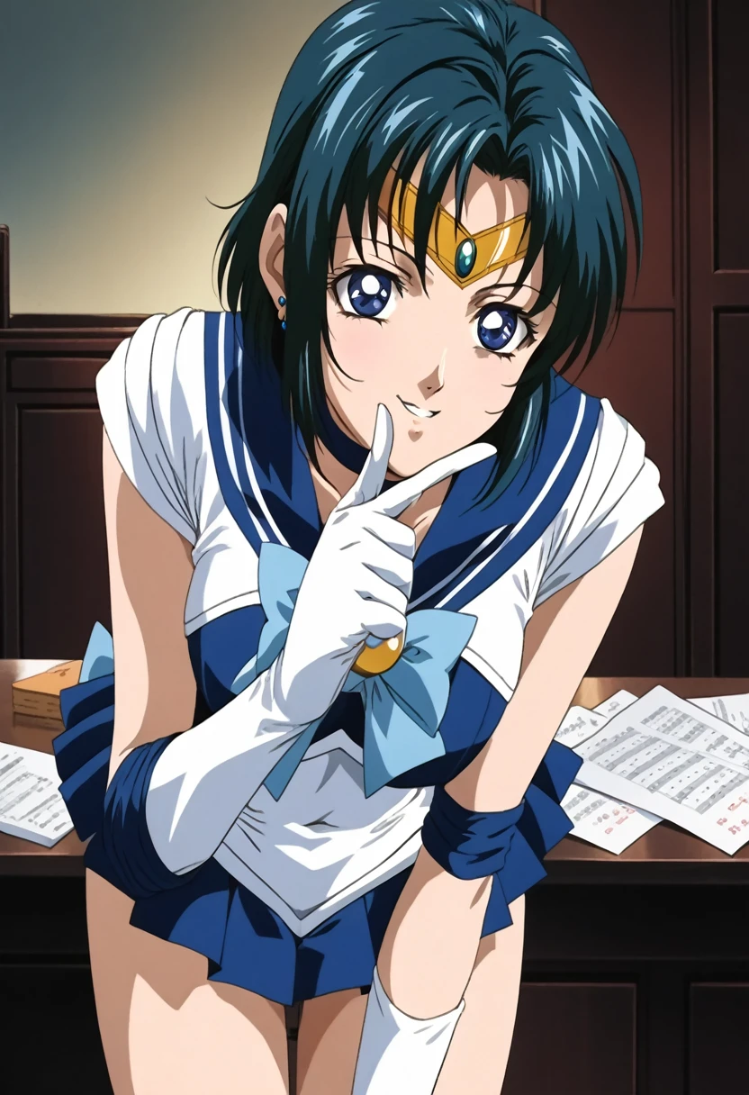 (masterpiece, best quality, very aesthetic, ultra detailed), score_9, score_8_up, source_anime Bibl3, intricate details, 4k, aamercury, short hair, blue hair, tiara, earrings, blue eyes, blue choker, blue sailor collar, blue bowtie, white shirt, elbow gloves, white gloves, pleated skirt, blue skirt, bare legs, smile, shushing, leaning forward, upper body, finger to mouth, indoors,