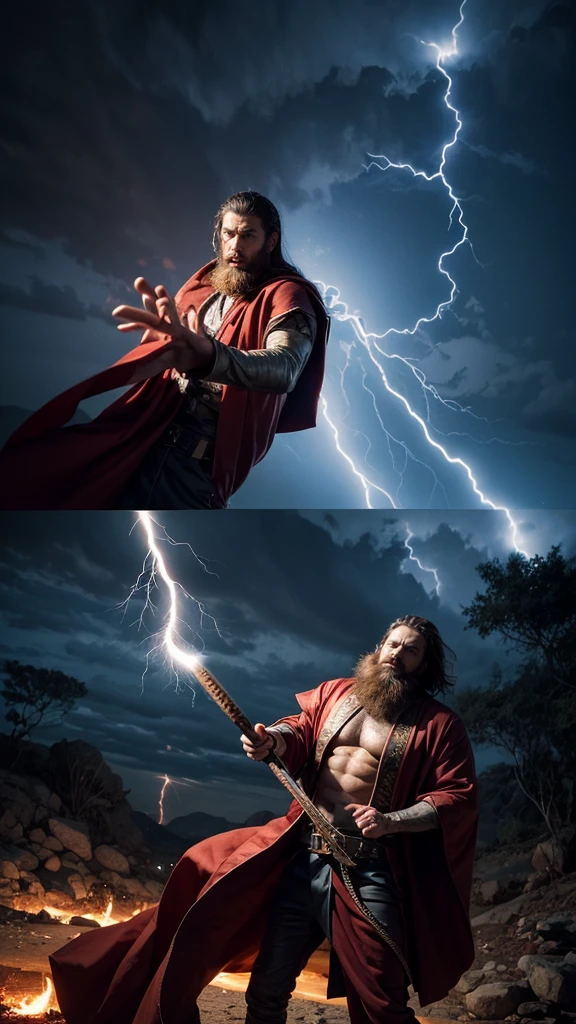 portarit of a Saint, executing a man by striking on his chest with a Huge Battle Axe, dressed in a Saffron Robe, Lightning Strikes in Background, darkness, dark fantasy, high detail, 4K, Full Bearded