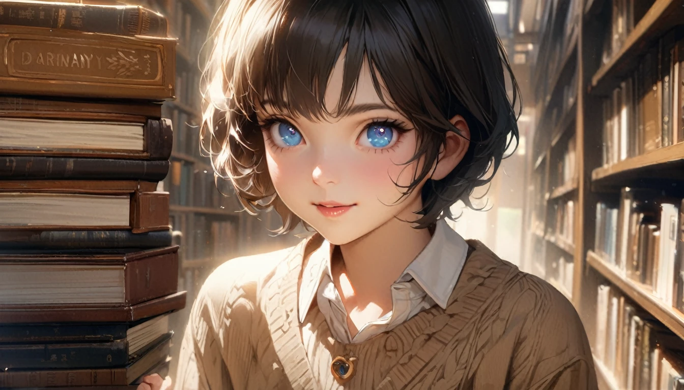 1girl, solo, gentle smile on her face flat chest, short hair, blue eyes, (detailed eyes), black hair, upper body, ((masterpiece, illustration, best quality)) ((best quality)), ((masterpiece)), (detailed), perfect face, A young woman wearing vintage clothes in the year 1980, and is in a library, extremely detailed, realistic, intricate details, 21 year old woman, pretty face, in library, holding stack of books, slacks, sweater,