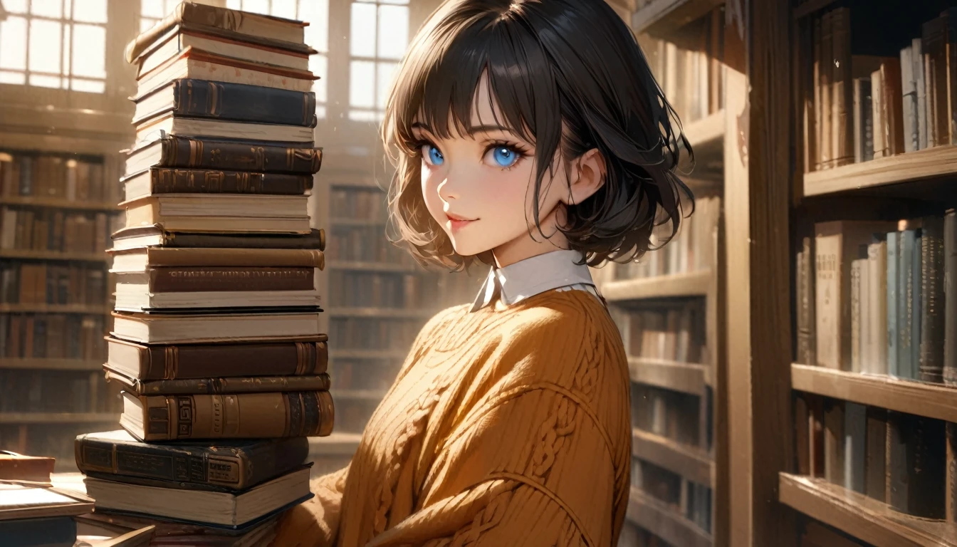 1girl, solo, gentle smile on her face flat chest, short hair, blue eyes, (detailed eyes), black hair, upper body, ((masterpiece, illustration, best quality)) ((best quality)), ((masterpiece)), (detailed), perfect face, A young woman wearing vintage clothes in the year 1980, and is in a library, extremely detailed, realistic, intricate details, 21 year old woman, pretty face, in library, holding stack of books, slacks, sweater,