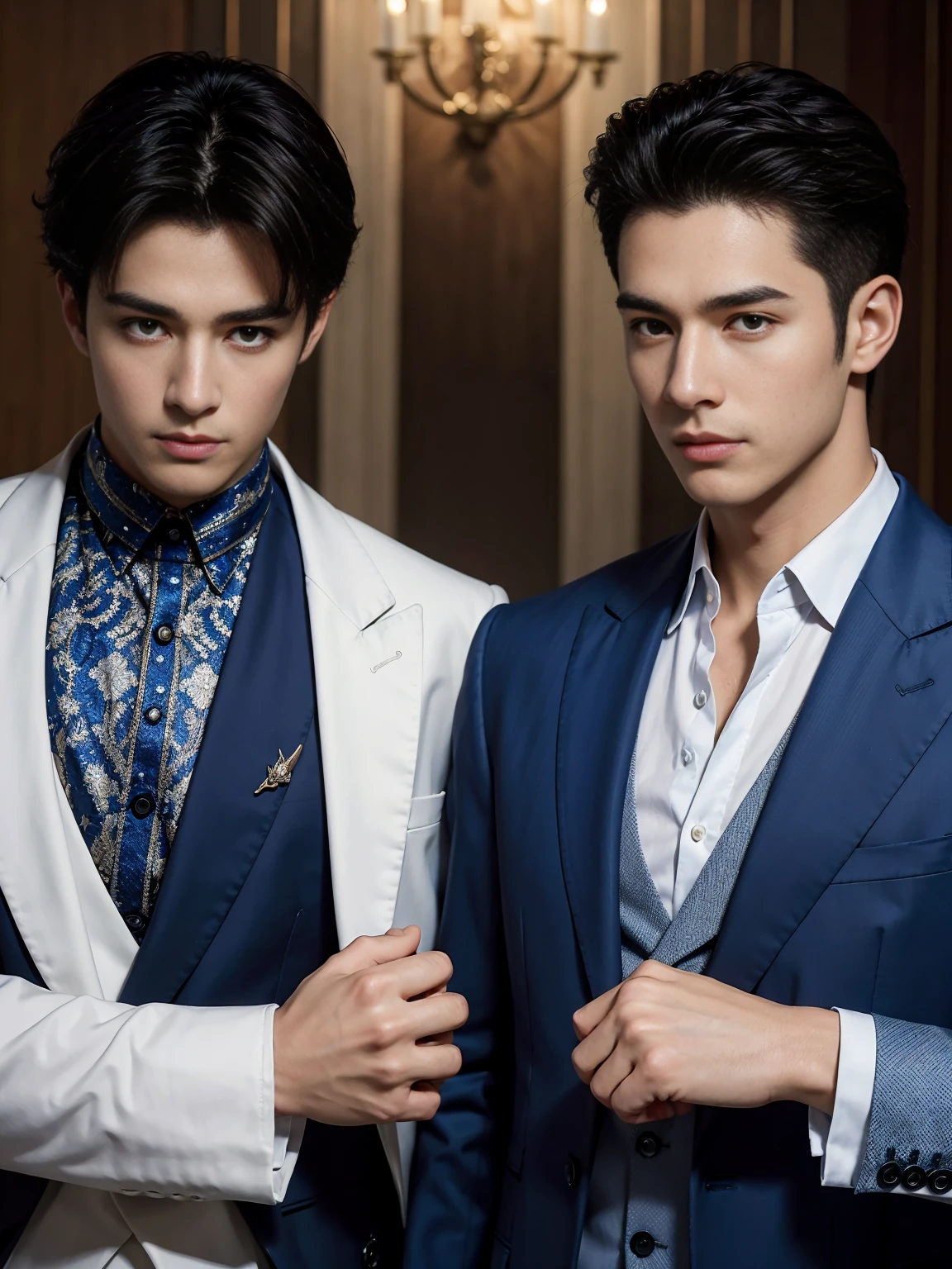 ((masterpiece)),((best quality)),8K,high detail,Very detailed, Very manly，3 men, like，fashion pose, Realistic skin texture, Light,
Royal blue style couple