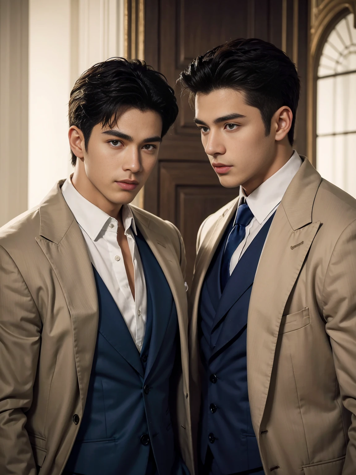 ((masterpiece)),((best quality)),8K,high detail,Very detailed, Very manly,3 men, like,fashion pose, Realistic skin texture, Light,
Royal blue style couple