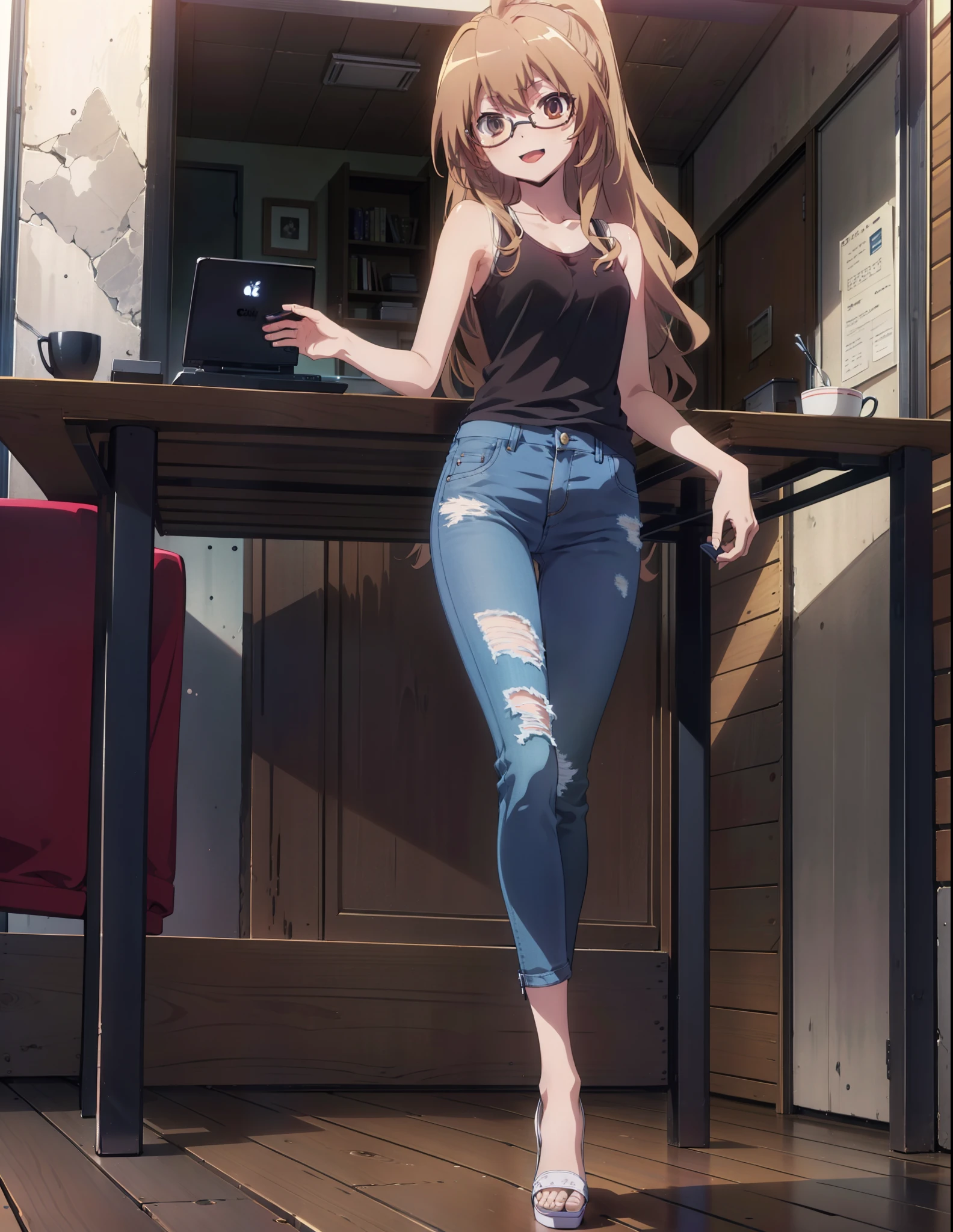 taiga aisaka, taiga aisaka, Long Hair, Brown Hair, Brown eyes,happy smile, smile, Open your mouth,ponytail,Black-rimmed glasses,Brown tank top,Skinny jeans,Stiletto heels,There is a computer on the table,interior,Chair,Walking,whole bodyがイラストに入るように,
break outdoors, Building district,
break looking at viewer, whole body,
break (masterpiece:1.2), Highest quality, High resolution, unity 8k wallpaper, (shape:0.8), (Beautiful attention to detail:1.6), Highly detailed face, Perfect lighting, Highly detailed CG, (Perfect hands, Perfect Anatomy),