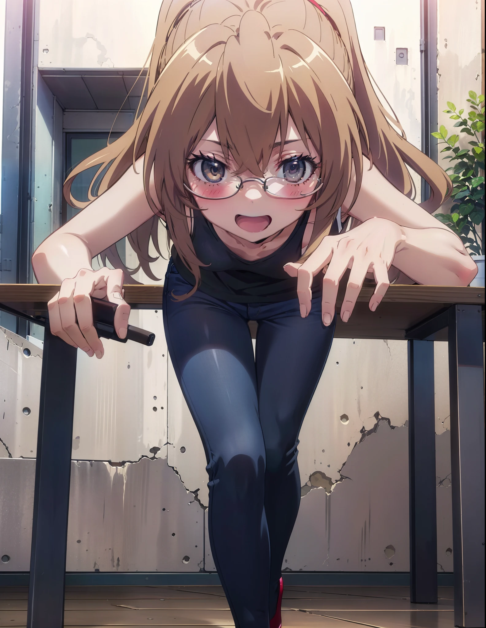 taiga aisaka, taiga aisaka, Long Hair, Brown Hair, Brown eyes,happy smile, smile, Open your mouth,ponytail,Black-rimmed glasses,Brown tank top,Skinny jeans,Stiletto heels,There is a computer on the table,interior,Chair,Walking,whole bodyがイラストに入るように,
break outdoors, Building district,
break looking at viewer, whole body,
break (masterpiece:1.2), Highest quality, High resolution, unity 8k wallpaper, (shape:0.8), (Beautiful attention to detail:1.6), Highly detailed face, Perfect lighting, Highly detailed CG, (Perfect hands, Perfect Anatomy),