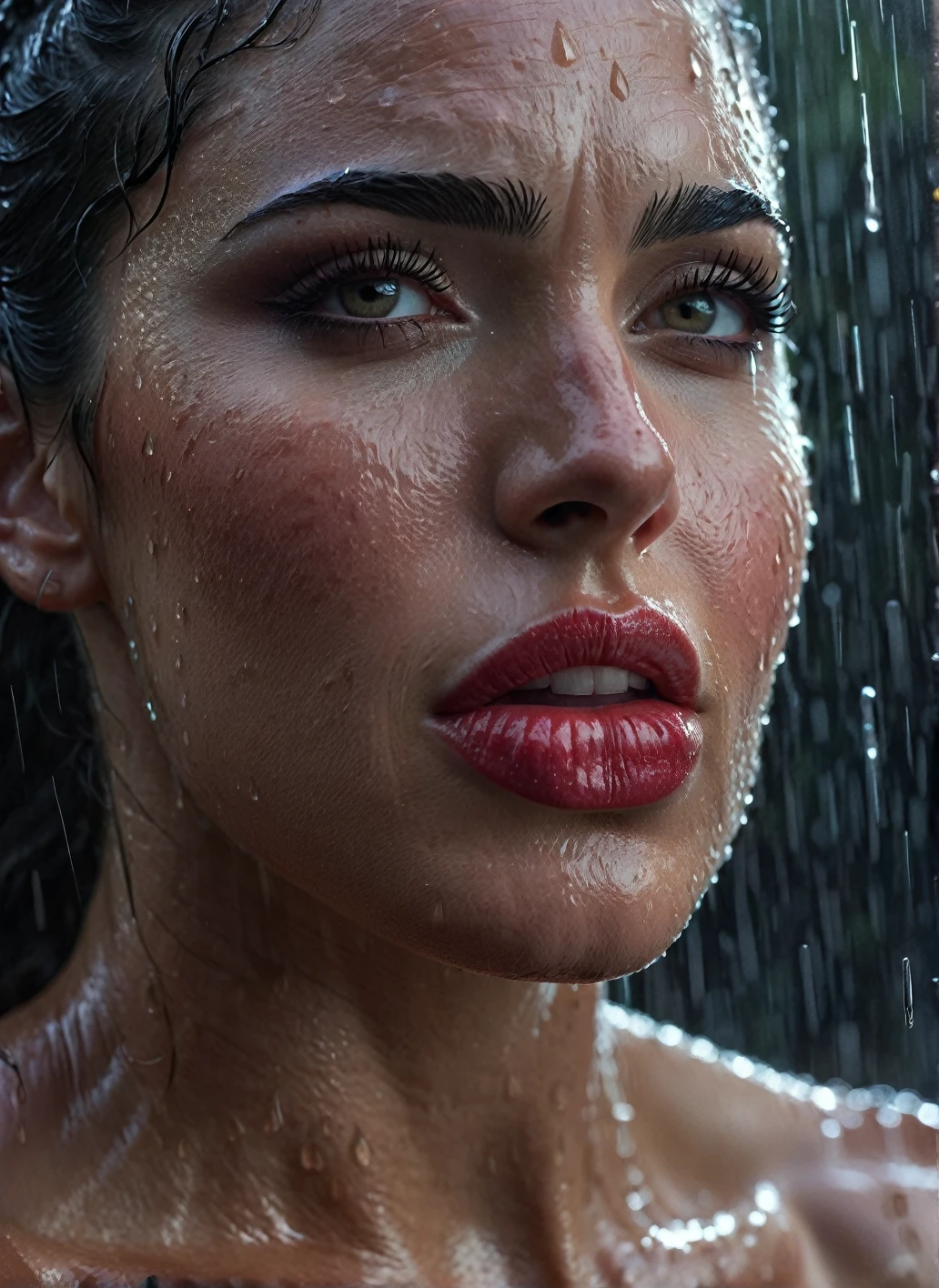 wonder woman, a muscular athletic woman, under the rain, wet, beautiful detailed eyes, beautiful detailed lips, extremely detailed face, long eyelashes, rain drops on skin, dramatic lighting, cinematic, dark moody atmosphere, fantasy, digital art, highly detailed, 8k, photorealistic, masterpiece