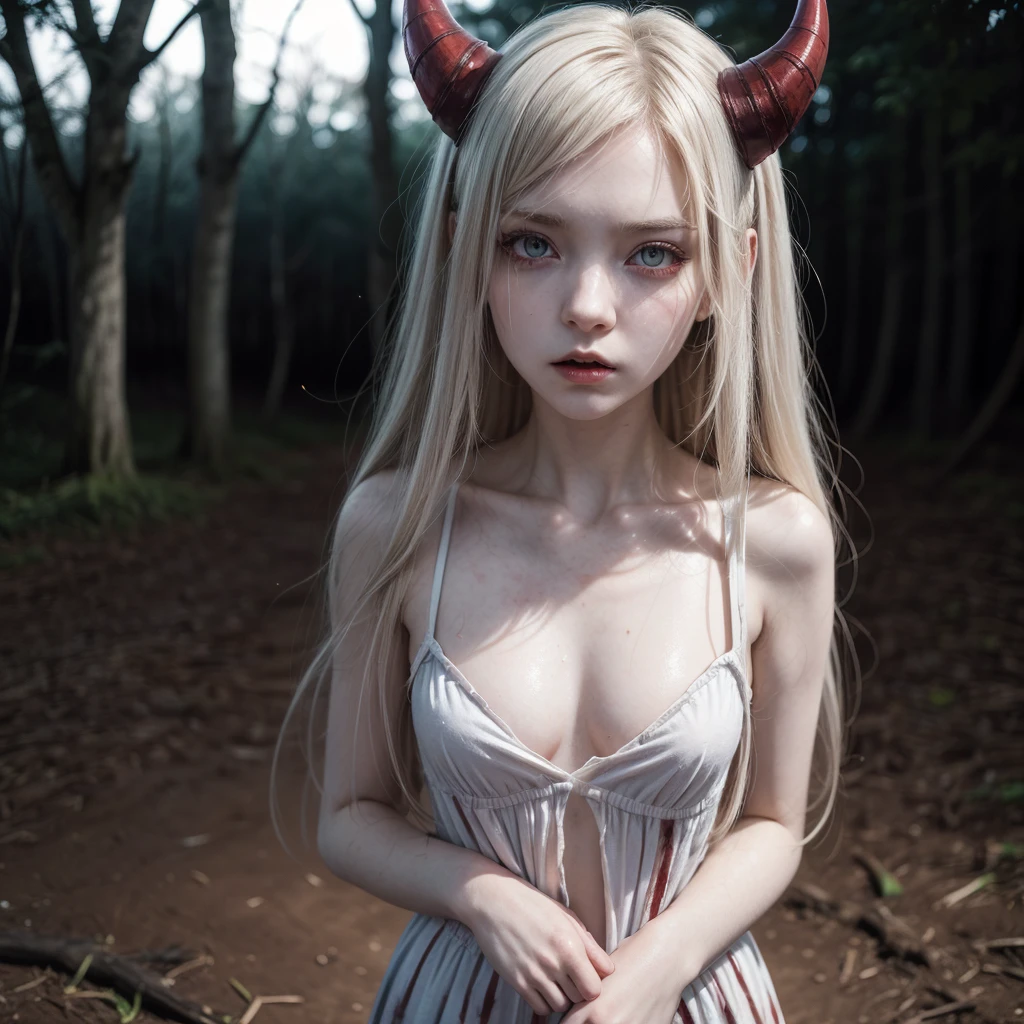 ((work of art, best qualityer)), (1 girl, killer anime girl ),(mellow, devil horn), (standing alone), (female focus), (cabelo turevilina),Eyes red, ((vampyre, pale skin)), pale skin, evil, Vicious, yandere, portraits, close up, trunk, swirly vibrant colors, soft lighting, bleeding mouth, bleeding eyes