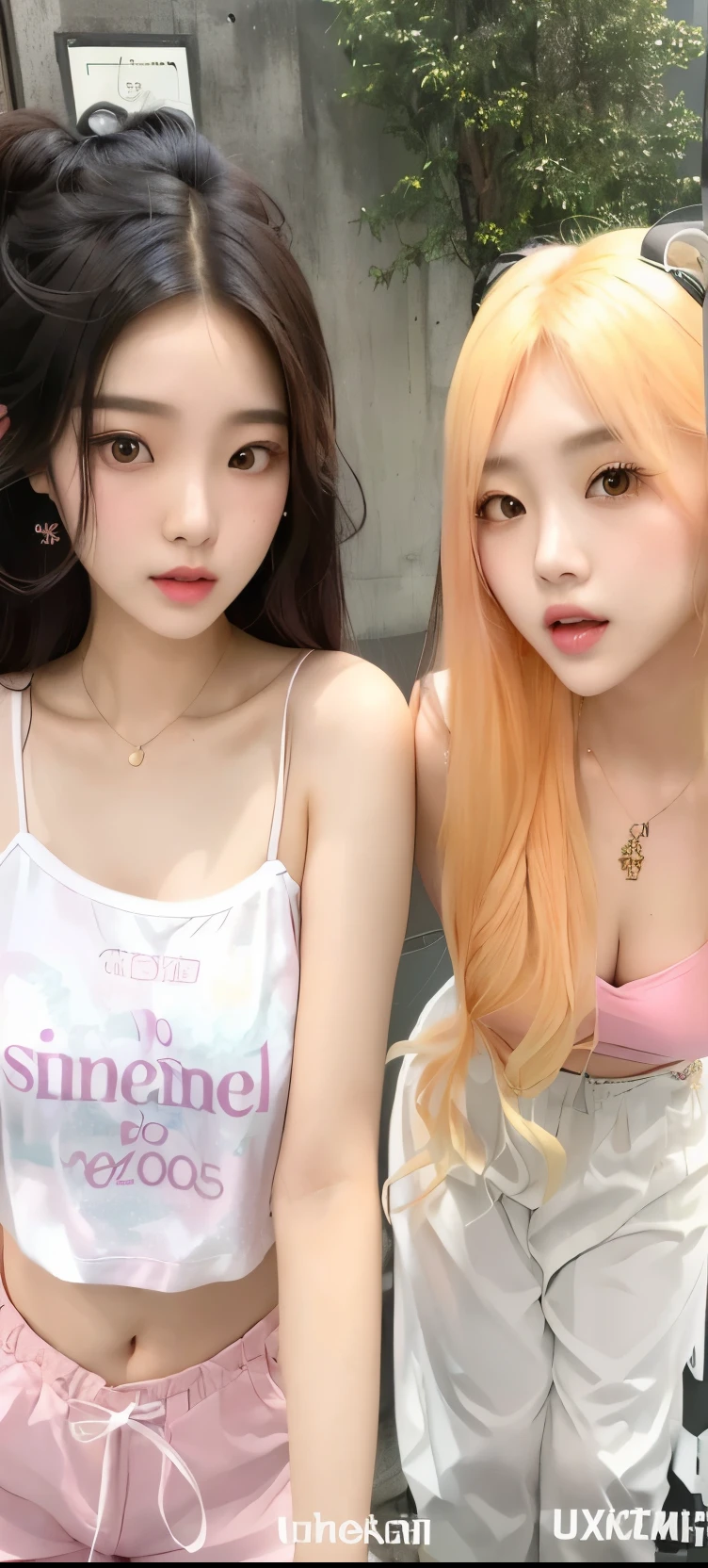 Two Asian girls with long hair and pink blouses posing for a photo., ulzzang, nixeu y Sakimichan, Instagram Template, trend on cgstation, two color hair, Sakimichan, shikami, inspired by Wang Duo, lalisa manobal, trend on cgstation, peach and gum style, the hime cut