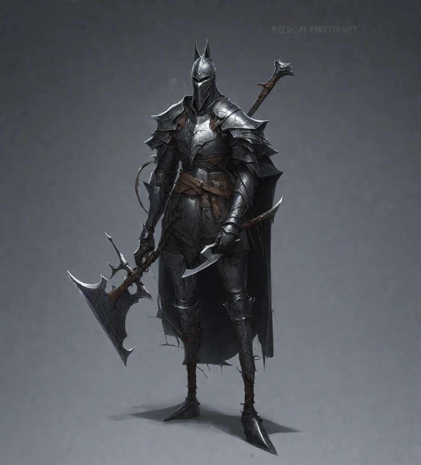 close-up of a man in armor with an ax on a long shaft, heroic The concept of a fantasy character, The concept of a fantasy character, complex fantasy character, dark Fantasy Character Design, anthropomorphic knight with shoulder pads in the form of a wolf, full body concept, Noble Demon Character Design, Dark soul armor concept, detailed full body concept art, detailed full body concept, mysterious concept art, Fantasy Character Design, dark soul concept