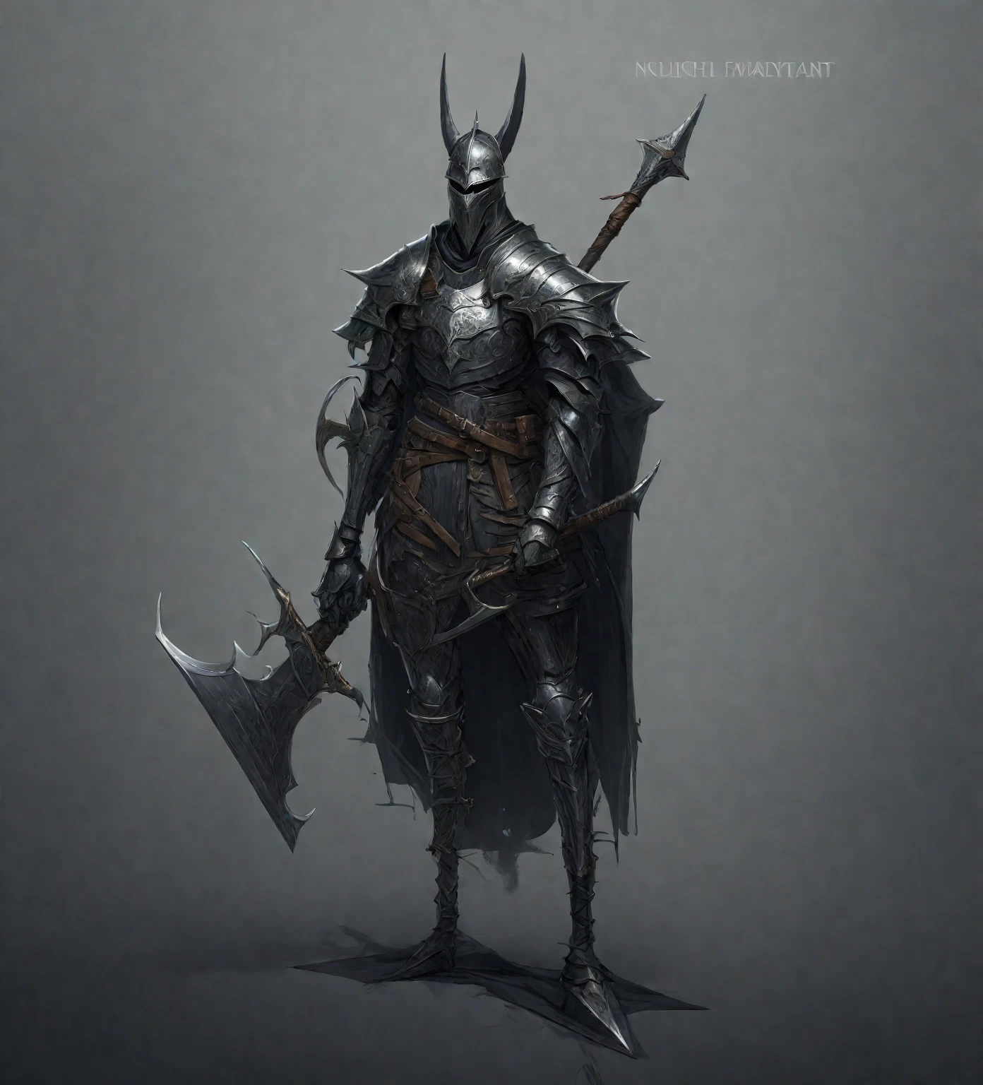 close-up of a man in armor with an ax on a long shaft, heroic The concept of a fantasy character, The concept of a fantasy character, complex fantasy character, dark Fantasy Character Design, anthropomorphic knight with shoulder pads in the form of a wolf, full body concept, Noble Demon Character Design, Dark soul armor concept, detailed full body concept art, detailed full body concept, mysterious concept art, Fantasy Character Design, dark soul concept