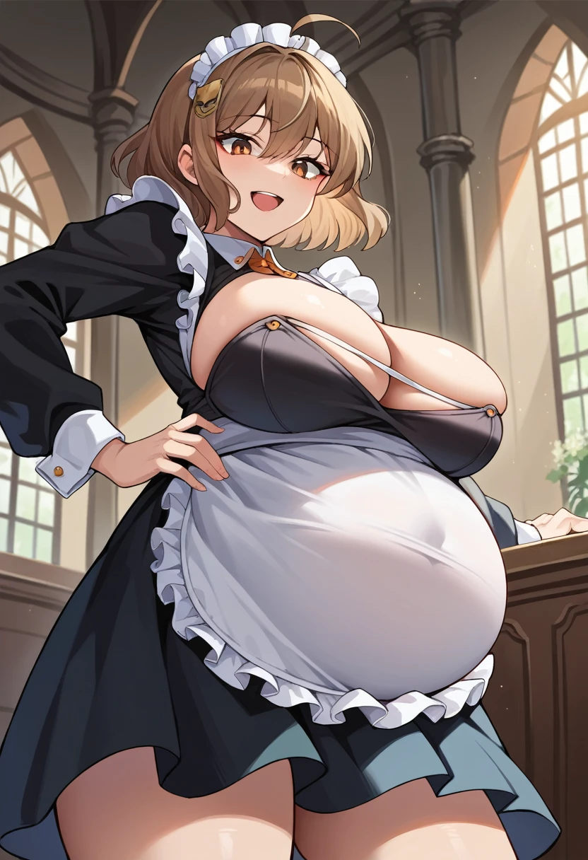 score_9, score_8_up, score_7_up, source_anime BREAK anisrnd, ahoge, short hair, brown hair, mansion, room, big breasts, looking down, open mouth, smile, maid, big belly, hand on hip