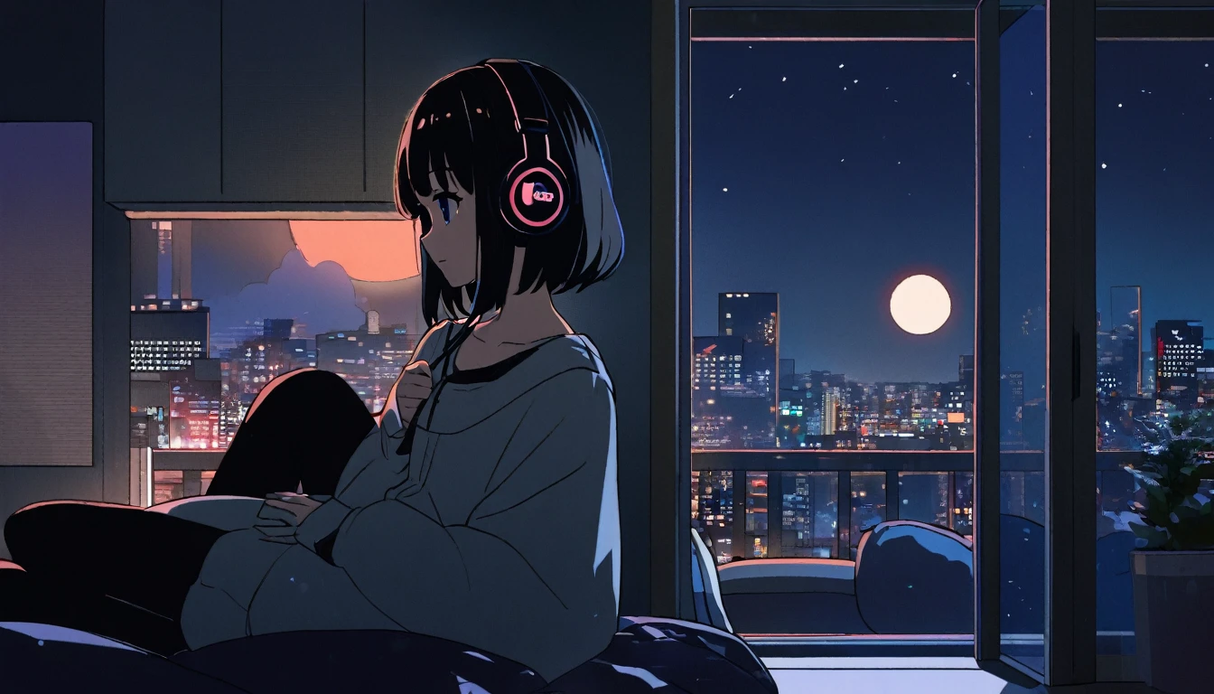 1 girl, night,Black short Hair, flat chest, Balcony of the apartment、 moon, Girl with headphones, late night ベランダ, listen to music alone, city pop, low quality, Lo-Fi, Chill, late night, Balcony of a single room, dark room, futuristic night view outside the window,