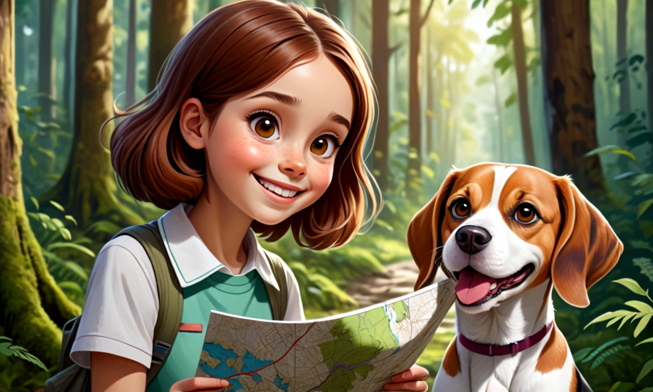 Draw a young girl with brown hair. with a look of happiness having found a map in dense forest looking at the map. Next to her a happy brown and white beagle 