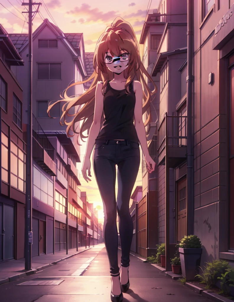 taiga aisaka, taiga aisaka, Long Hair, Brown Hair, Brown eyes,happy smile, smile, Open your mouth,ponytail,Black-rimmed glasses,Brown tank top,Skinny jeans,Stiletto heels,The sun is rising,morning,morning陽,Walking,whole bodyがイラストに入るように,
break outdoors, Building district,
break looking at viewer, whole body,
break (masterpiece:1.2), Highest quality, High resolution, unity 8k wallpaper, (shape:0.8), (Beautiful attention to detail:1.6), Highly detailed face, Perfect lighting, Highly detailed CG, (Perfect hands, Perfect Anatomy),