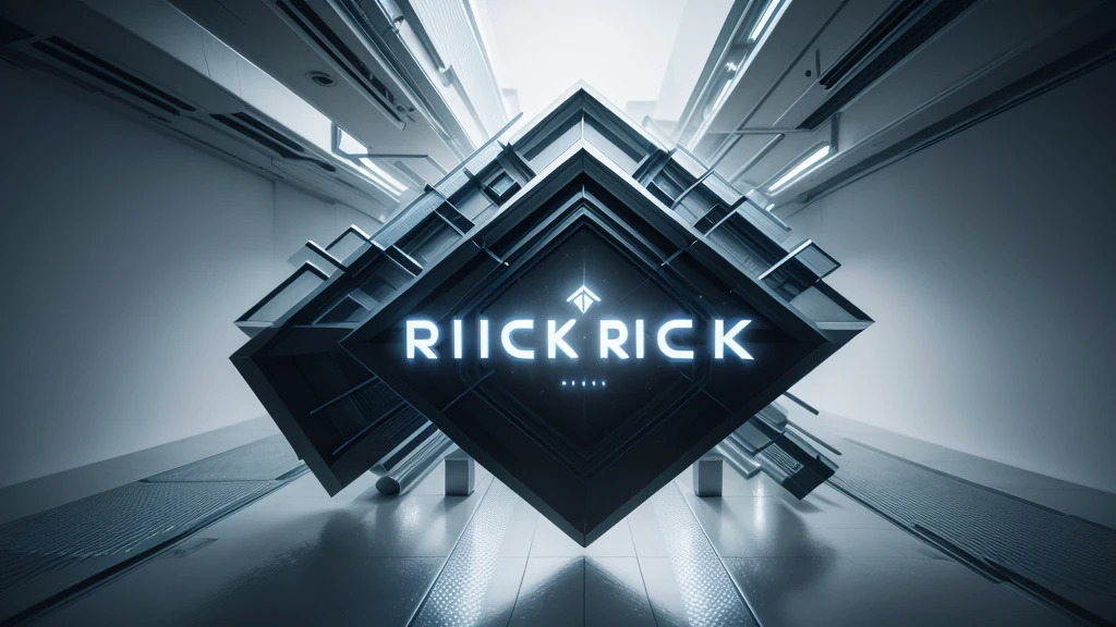 a detailed logo design with the word "RICK" arranged in an interesting way, cold color tones, intricate patterns, highly detailed, 3D rendered, minimalist, geometric, abstract, clean lines, symmetrical, high contrast, metallic elements, futuristic, elegant