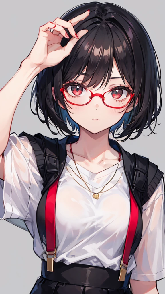 Girl with short black hair, Wearing a red pair of glasses