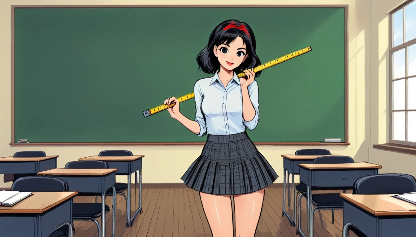 teacher short skirt sexy classroom holding a ruler 