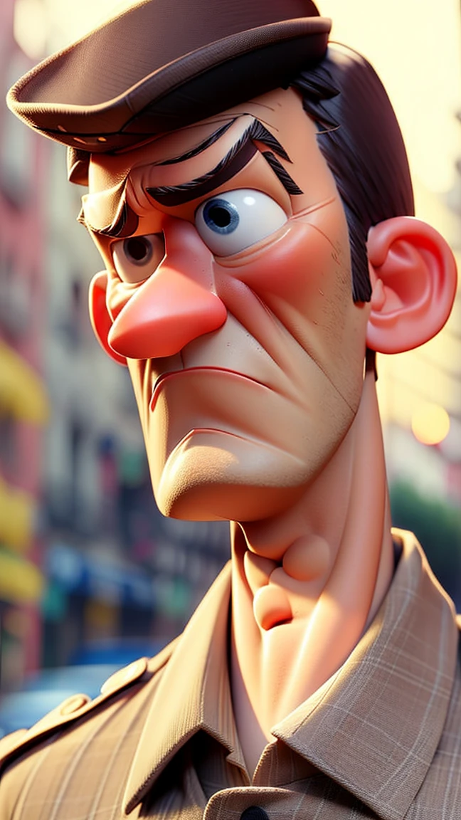 A 3D Pixar-style animation frame featuring a man unbuttoning the top button of his shirt. He is sweating and appears to be in discomfort due to heat. The background should be simple and clean to keep the focus on the character and his actions. No text, symbols, or speech bubbles.