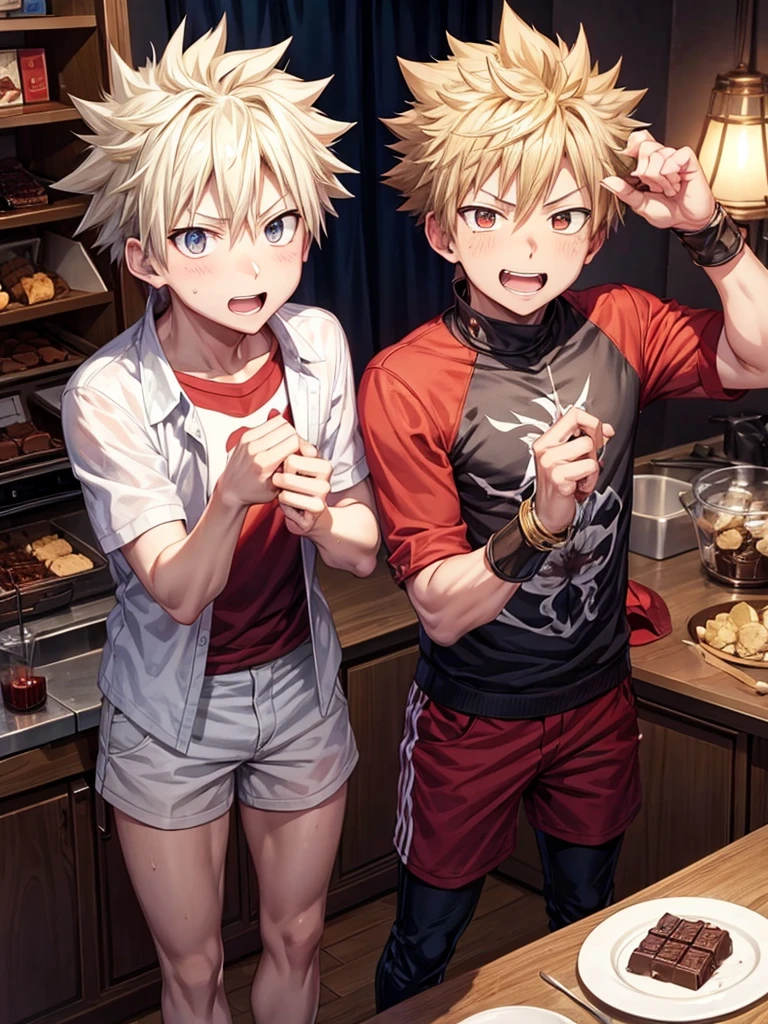 Bakugou Katsuki anime with his hero costume giving a chocolate