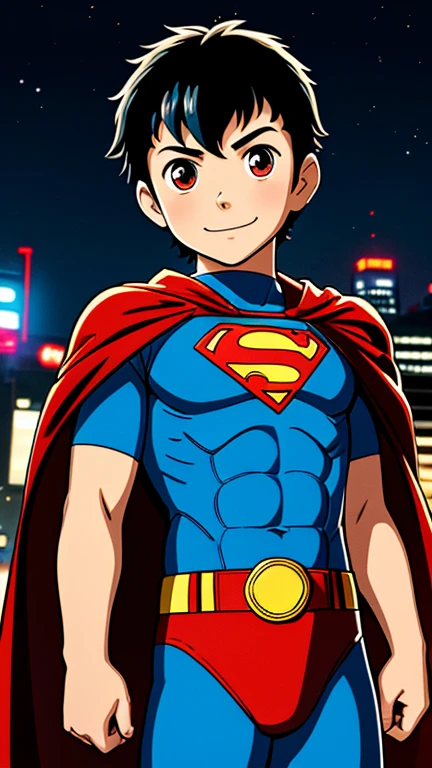 (8k),(masterpiece),(Japanese),(13-year-old boy),((innocent look)),((Childish)),From the front,smile,cute,Innocent,Kind eyes,Flat chest, Superman, Red cape,Short,Hair covered by helmet,Black Hair,Strong wind,night,dark, Neon light cyberpunk city, mighty atom