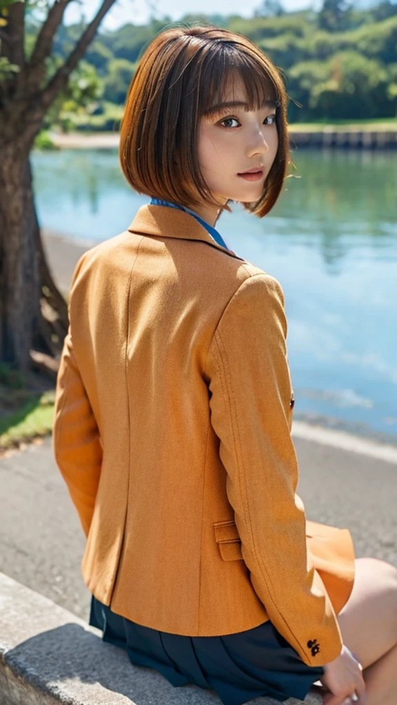woman, beautiful, look back, Embarrassed, Bobcut, Orange Hair, Blazer-type uniform, Girl sitting, coastal