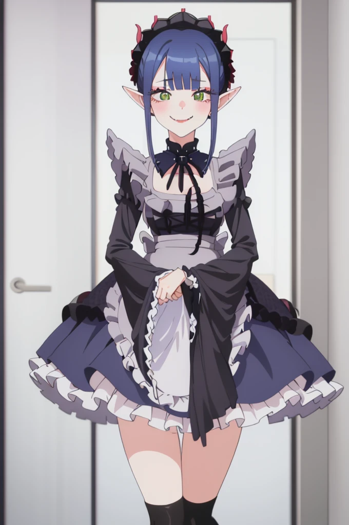 1girl, cowboy shot, 
rizu-kyun, maid, thighhighs,, masterpiece, best quality, highly detailed,((blue hair)),frilled mini skirt,white maid clothes,((evil smile)),